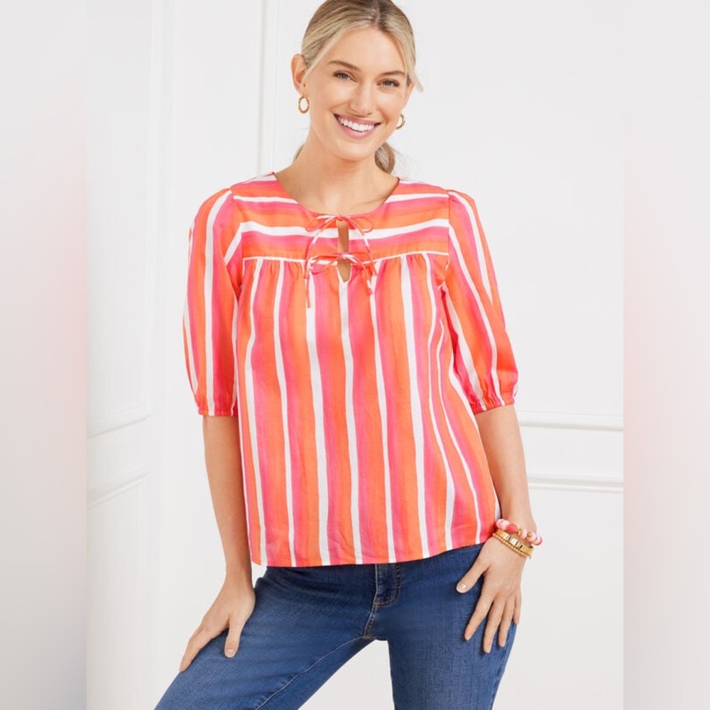 Talbots Tie Front Top Painted Stripe Pink and Orange Petite Small NWT Cotton